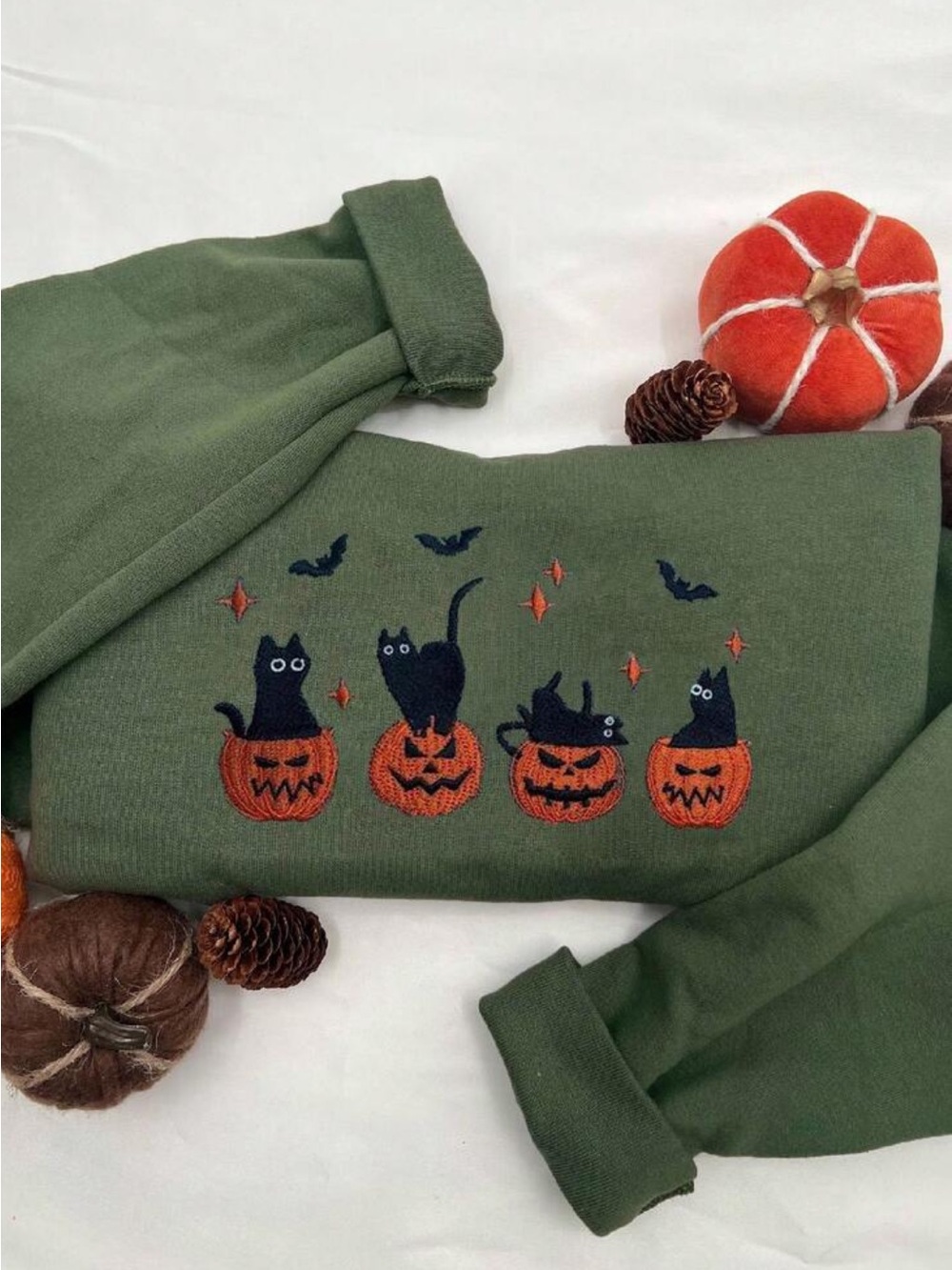 Halloween Sweatshirt - Green Pumpkin & Black Cat Design